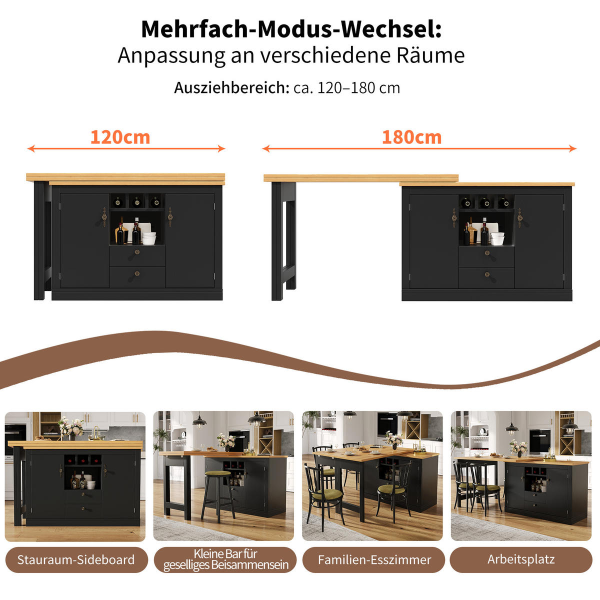 BARTISCH 120-180/40/76 cm mit Stauraum und drehbarer Ausziehfunktion - Schwarz, Holzwerkstoff (40/180/76cm) - BEAOK