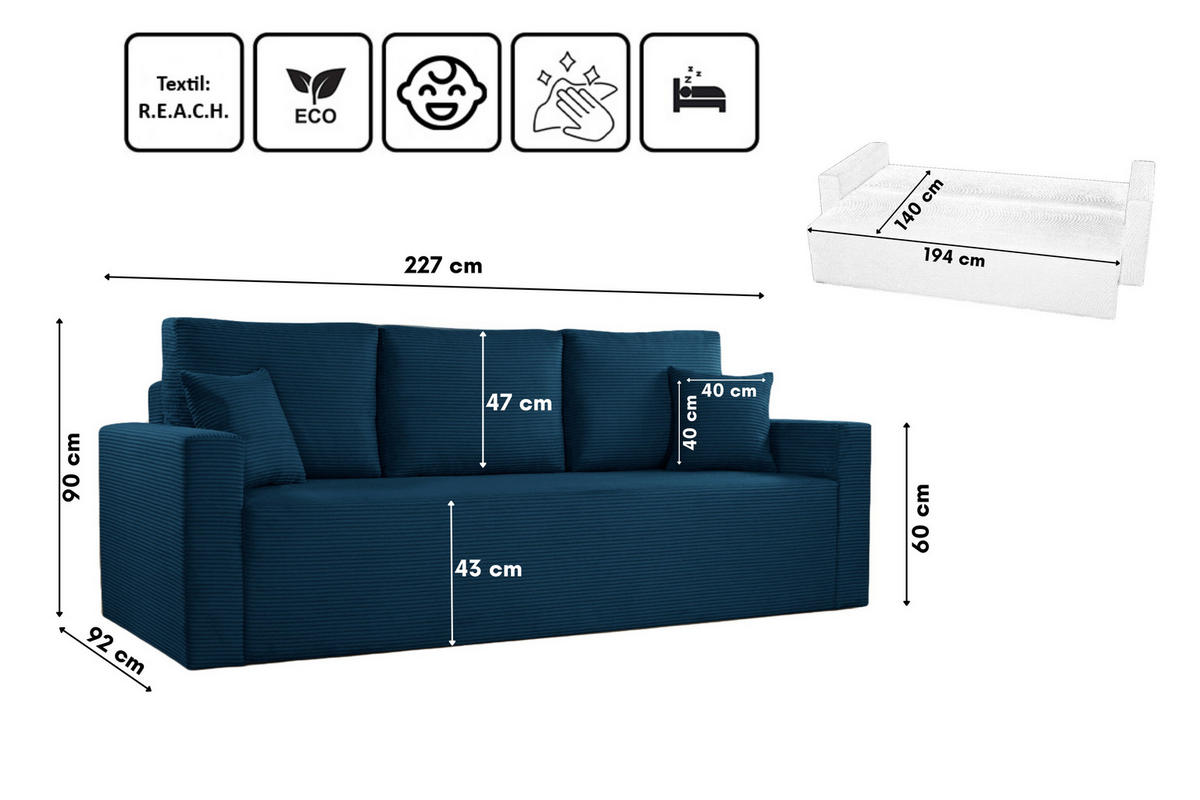 SCHLAFSOFA ZOOM Mit Bettkasten Stoff Zoom Blau - Blau, Holz/Textil (227/90/92cm) - Kaiser Möbel
