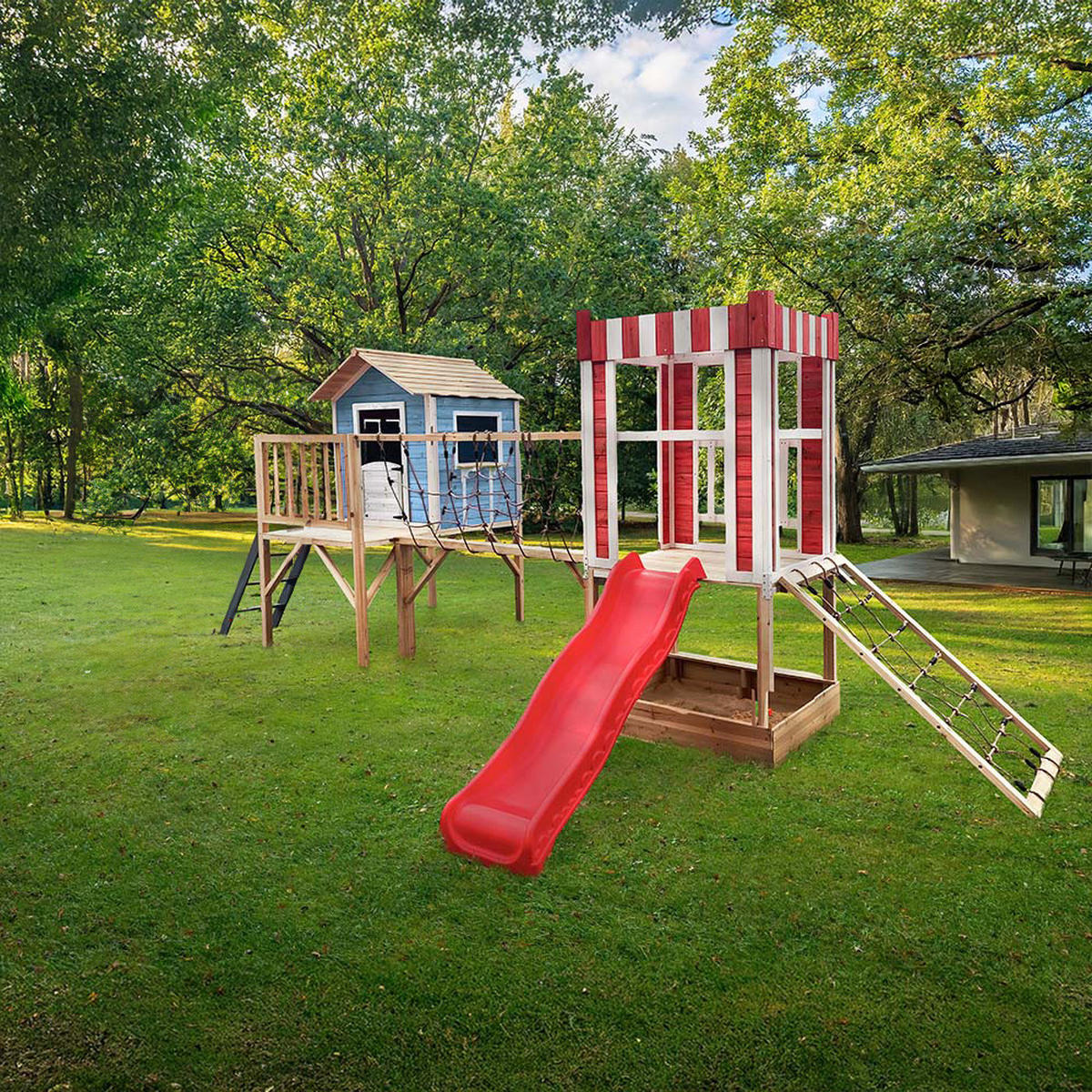 SPIELPARK WUNDERLAND - Farbe: Blau, Ausführung: inkl. Rutsche - Blau, Holz (555/215/340cm) - Home Deluxe