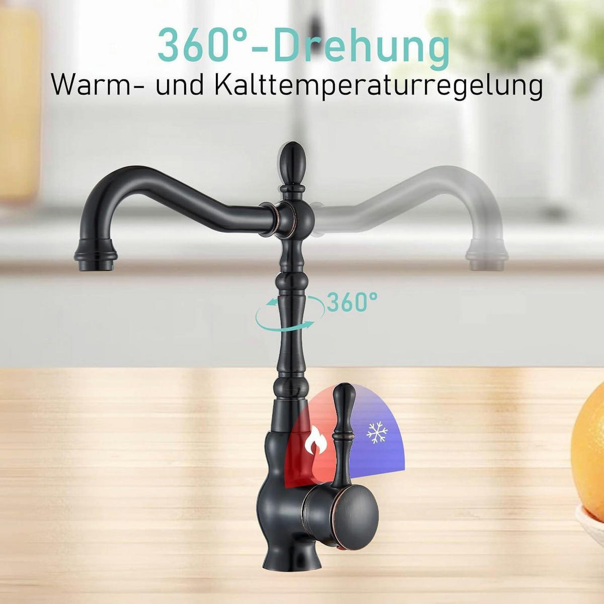 WASCHTISCHARMATUR Einhebelmischer Schwarz Antik 360° schwenkbar - Schwarz, Metall (4/31/17cm)