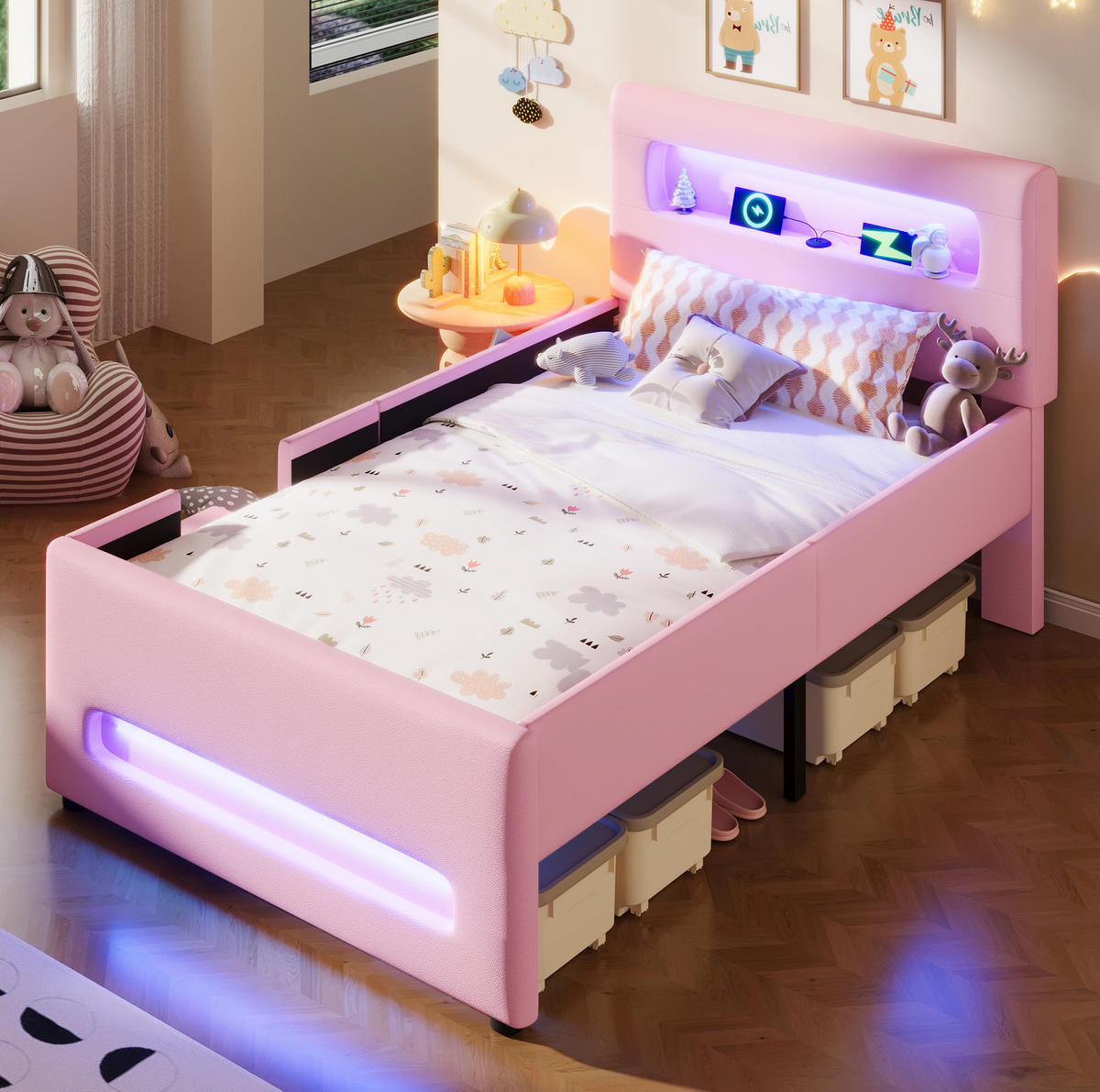 BETT mit Schublade und LED 90x200 cm PU Rosa - Pink, Holzwerkstoff (90/200cm) - Beauniv