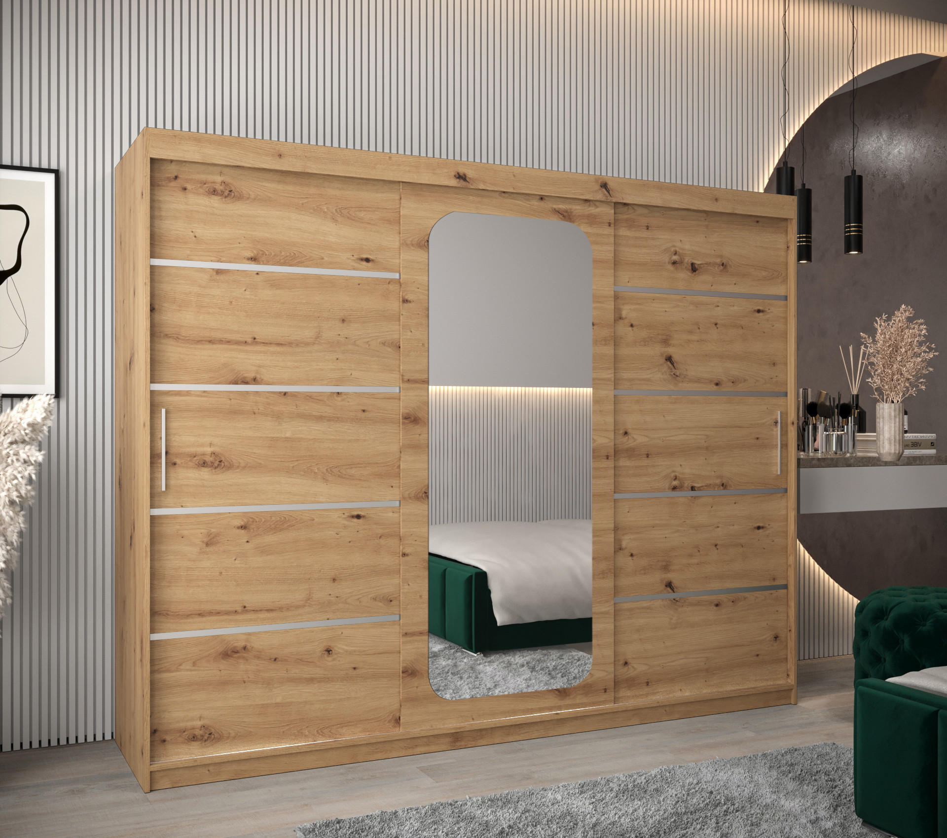 SCHWEBETÜRENSCHRANK 200/250/62 3-türig - Silberfarben/Eiche Artisan, Holz/Kunststoff (250/200/62cm) - MÖBEL KRYSPOL