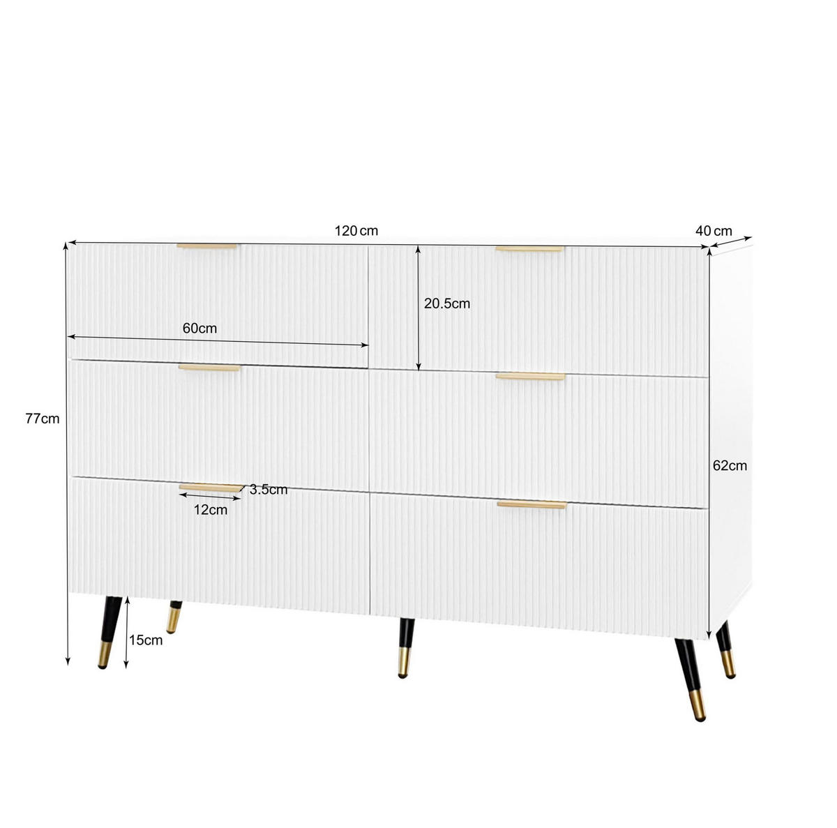 SIDEBOARD 120/40/77 cm Weiß aus Spanplatte mit 6 Schubladen - Weiß, Holzwerkstoff (120/77/40cm) - OKWISH