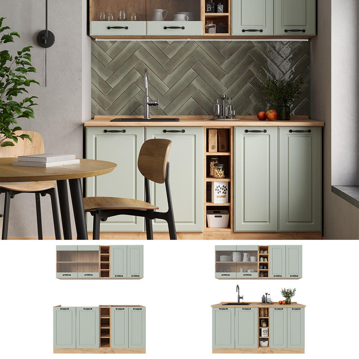 SINGLEKÜCHE R-Line, Mint Landhaus/Goldkraft Eiche, 160 cm Arbeitsplatte Marmor - Honigeiche/Grün, Holzwerkstoff (160/81.6/60cm) - Vicco