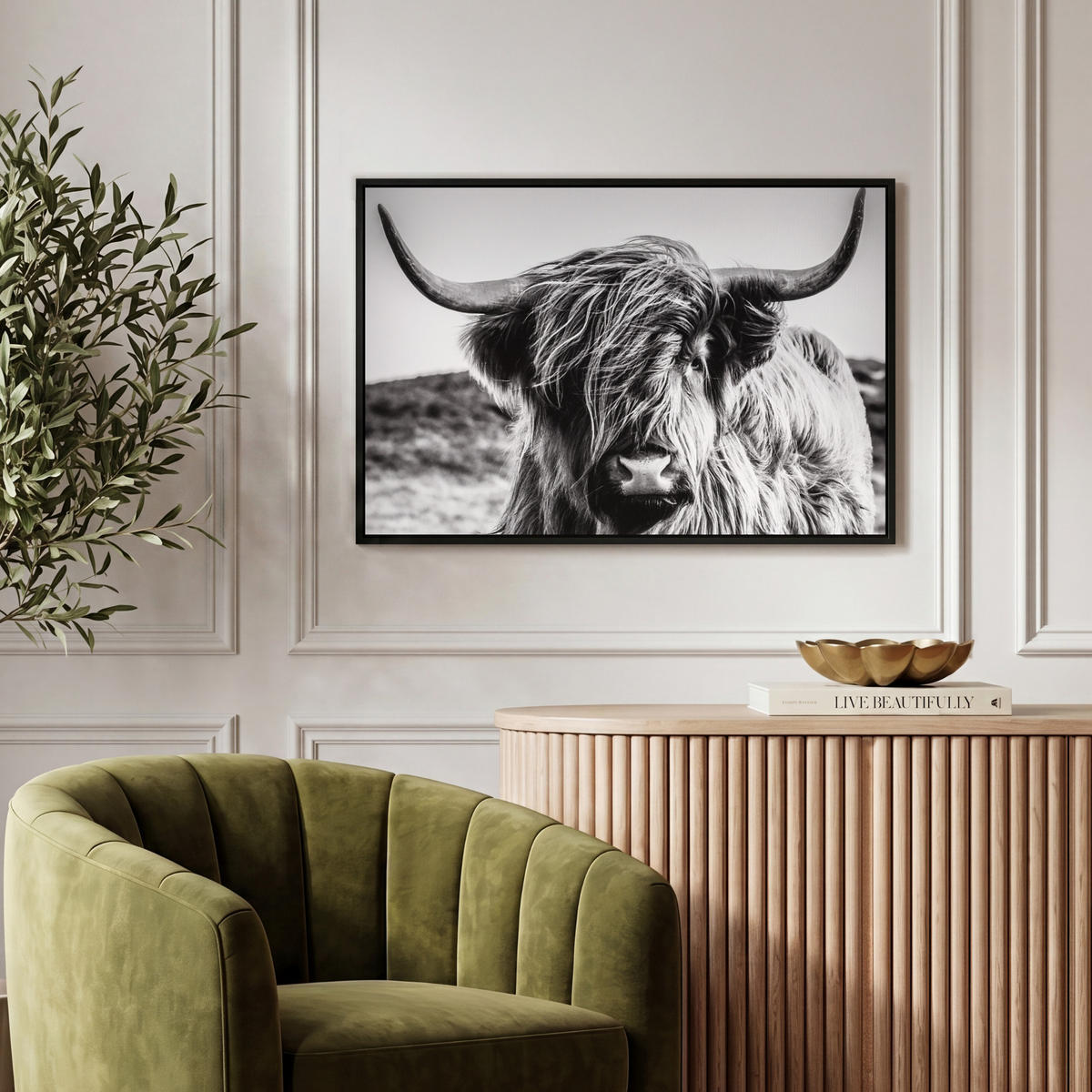 LEINWAND Bilder mit Rahmen - Kuh - Schottischer Hochländer - Schwarz - Weiß - Tier - Natur - Wildtiere - 60x40 - Schwarz, Textil (60/40cm) - MuchoWow
