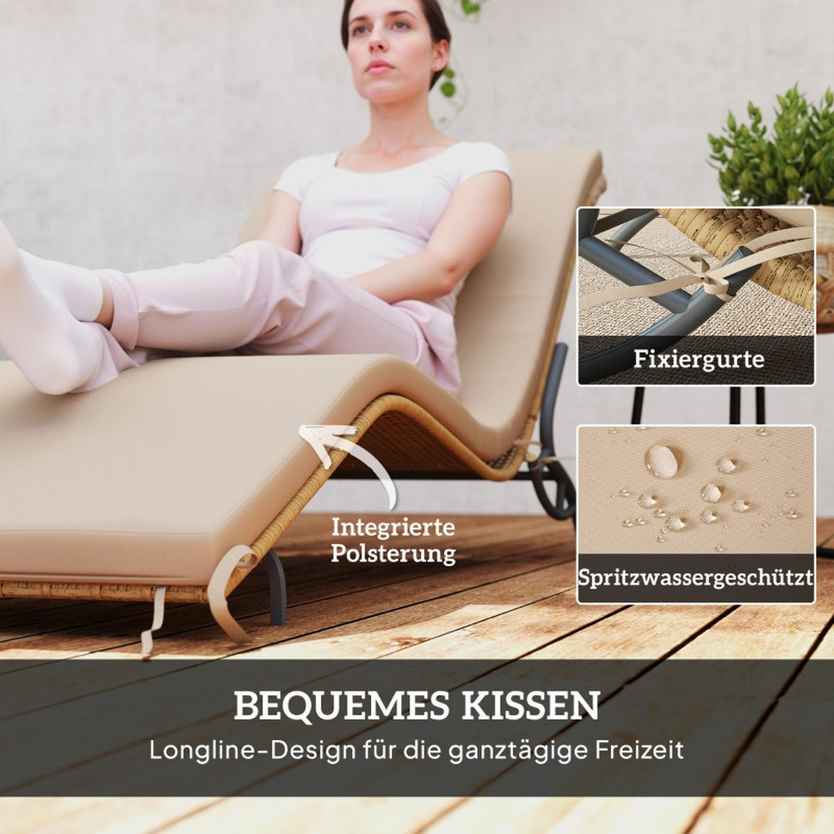 SONNENLIEGE aus Rattan & Stahl 166x63x76 cm in Beige mit Kissen - Beige, Metall (63/76/166cm) - Modfu