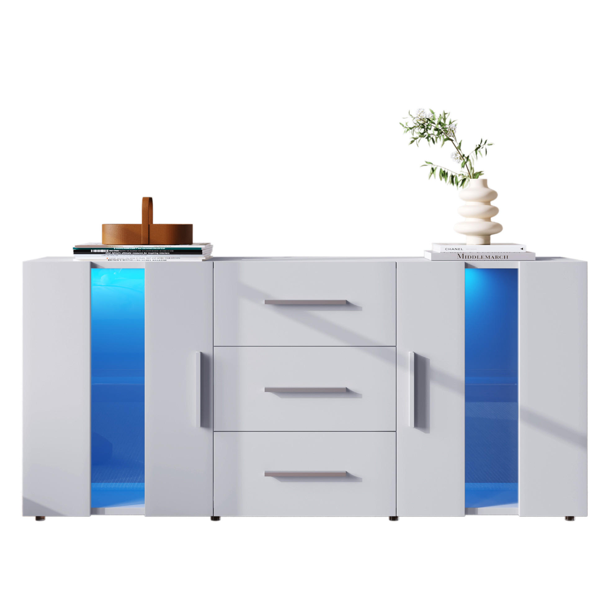 SIDEBOARD 140/35/70 cm weiß MDF mit 16 Farben LED-Leuchten und 3 Schubladen - Weiß, Holzwerkstoff (140/70/35cm) - OKWISH