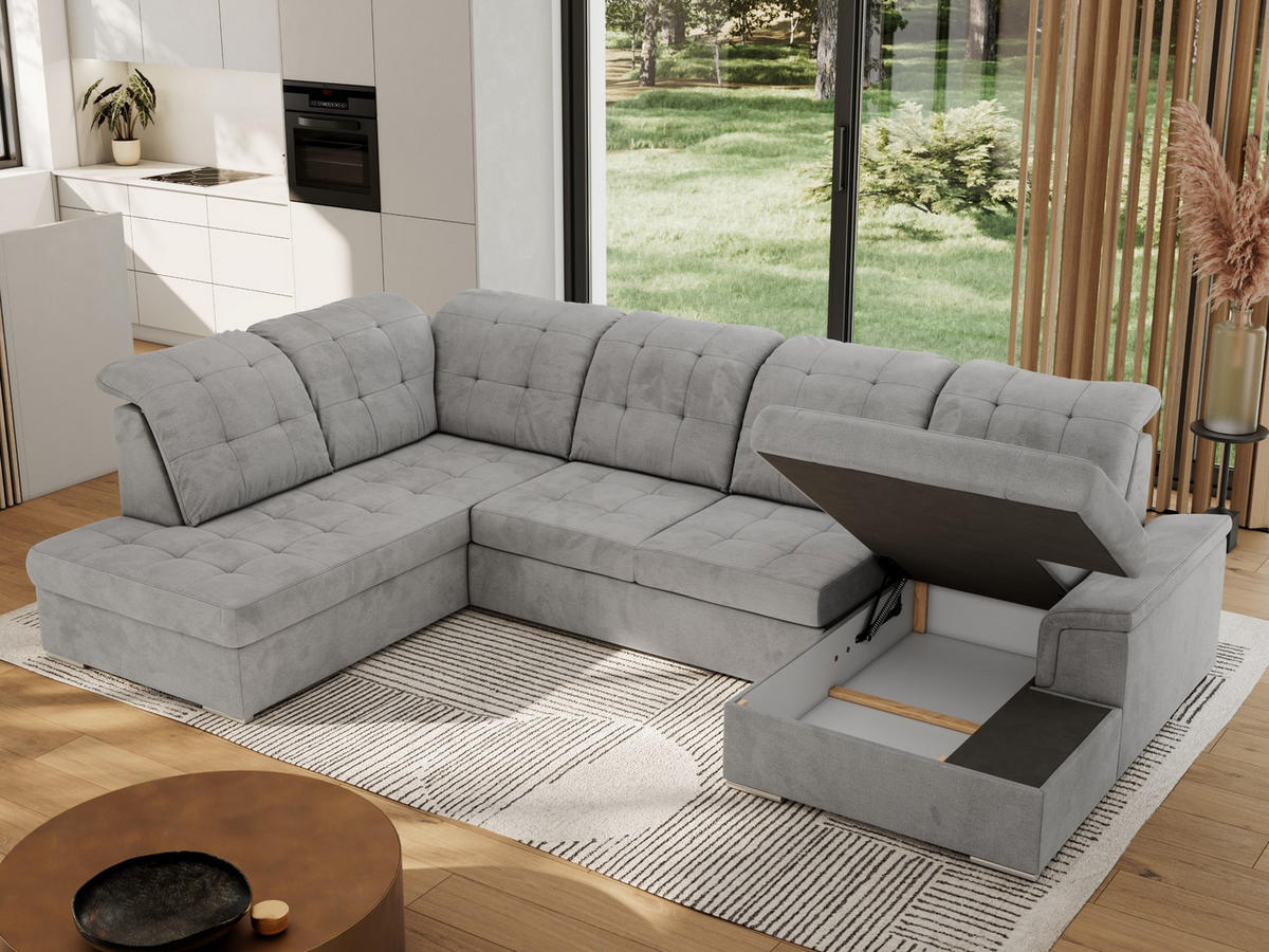 WOHNLANDSCHAFT MADRITO U - Hellgrau Velorus - Links - Silberfarben/Hellgrau, Textil/Metall (204/89/323cm) - MKS
