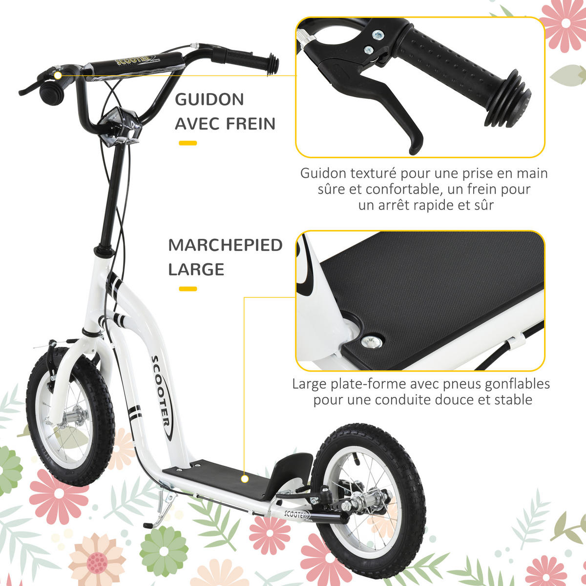 KINDERSCOOTER DE-16925 12 Zoll Luftreifen + Doppelbremse Weiß - Weiß, Metall (120/58/95cm) - ComfortXL
