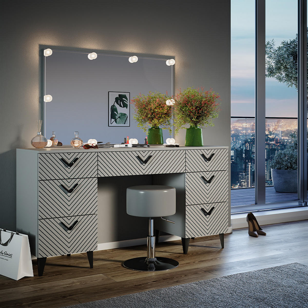 SCHMINKTISCH Anett Grau 150 cm mit LED Beleuchtung und Hocker - Grau, Holzwerkstoff (150/78.1/45cm) - Vicco