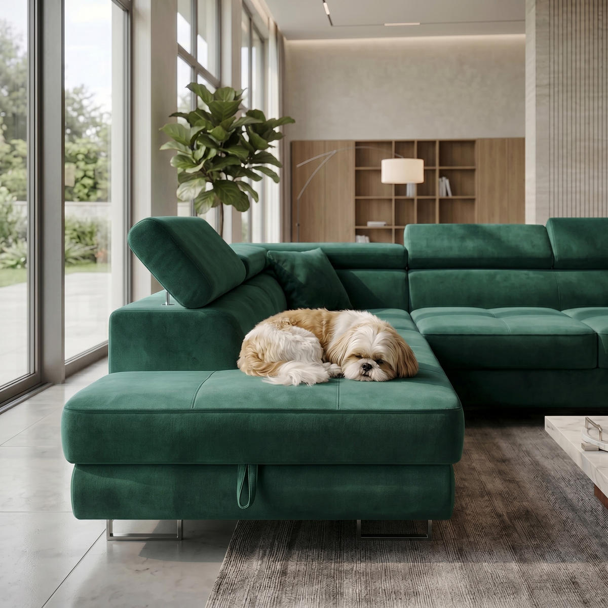 ECKSOFA U-Form WILD MAXI U2 mit Schlaffunktion 125x329 Velours Dunkelgrün - Chromfarben/Dunkelgrün, Holz/Textil (400/90/203cm) - Muffo