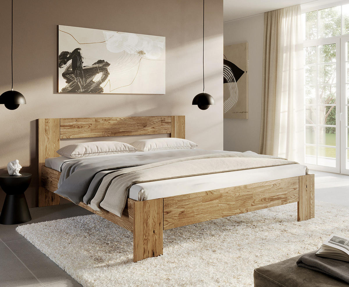 MASSIVHOLZBETT - Wildeiche massiv - Eichefarben, Holz (200/200cm) - home24
