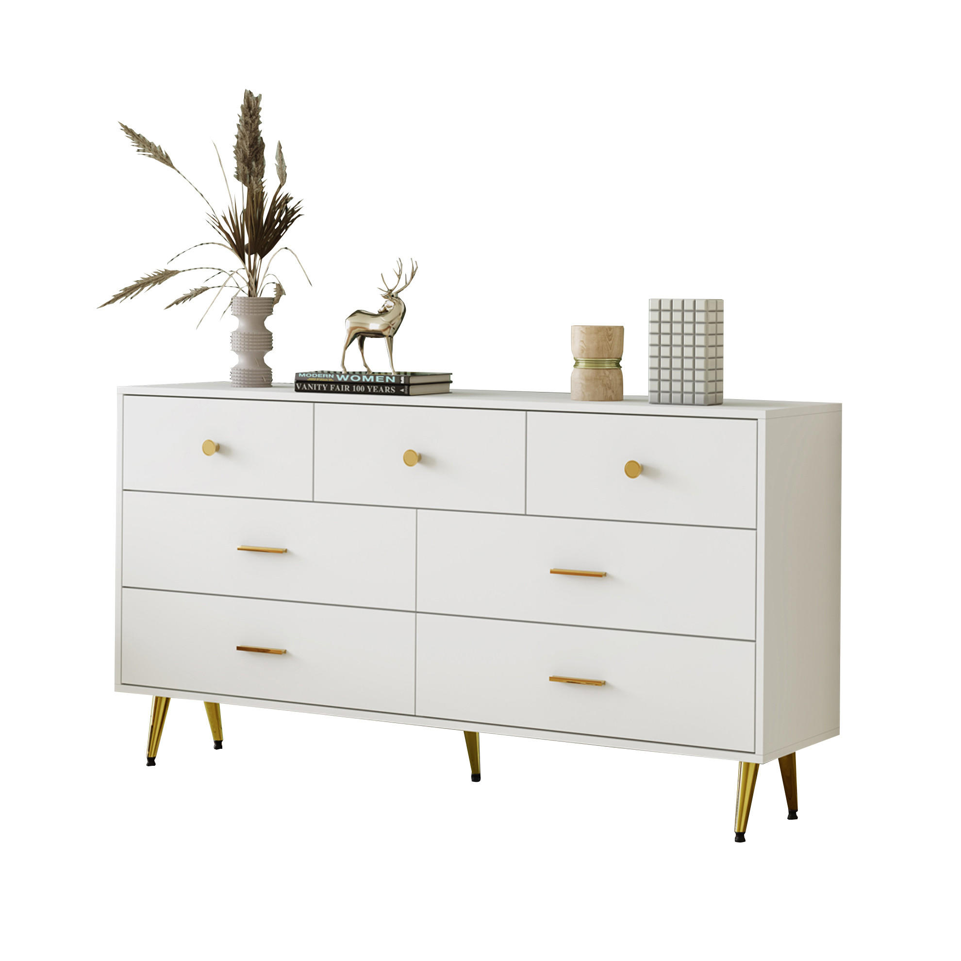 SIDEBOARD aus Spanplatte 140x35x76 cm Weiß mit 7 Schubladen, goldfarbenen Griffen und Metallbeinen - Weiß, Holzwerkstoff (140/76/35cm) - Modfu