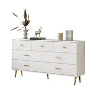 SIDEBOARD aus Spanplatte 140x35x76 cm Weiß mit 7 Schubladen, goldfarbenen Griffen und Metallbeinen - Weiß, Holzwerkstoff (140/76/35cm) - Modfu