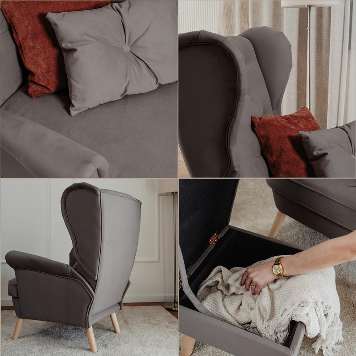SESSEL mit Fußhocker Classic - Dunkelgrau, Holz (92/107/80cm) - Idohome