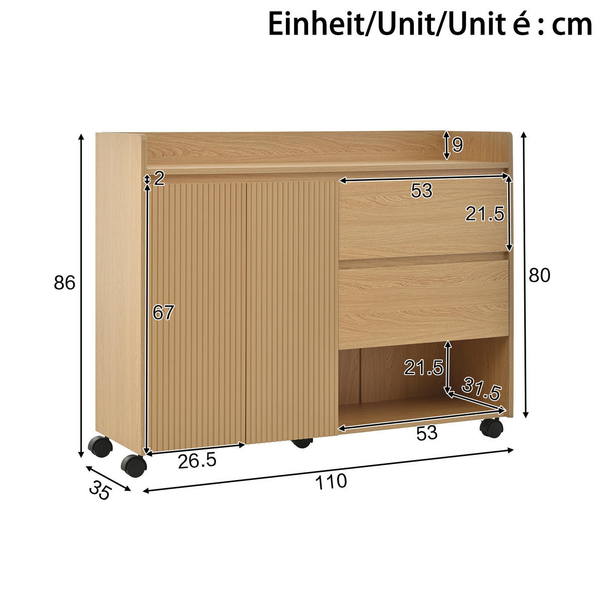 SCHUHSCHRANK 110/35/86 cm Natur aus MDF mit Rollen und Schubladen - Naturfarben, Holzwerkstoff (110/86/35cm) - OKWISH