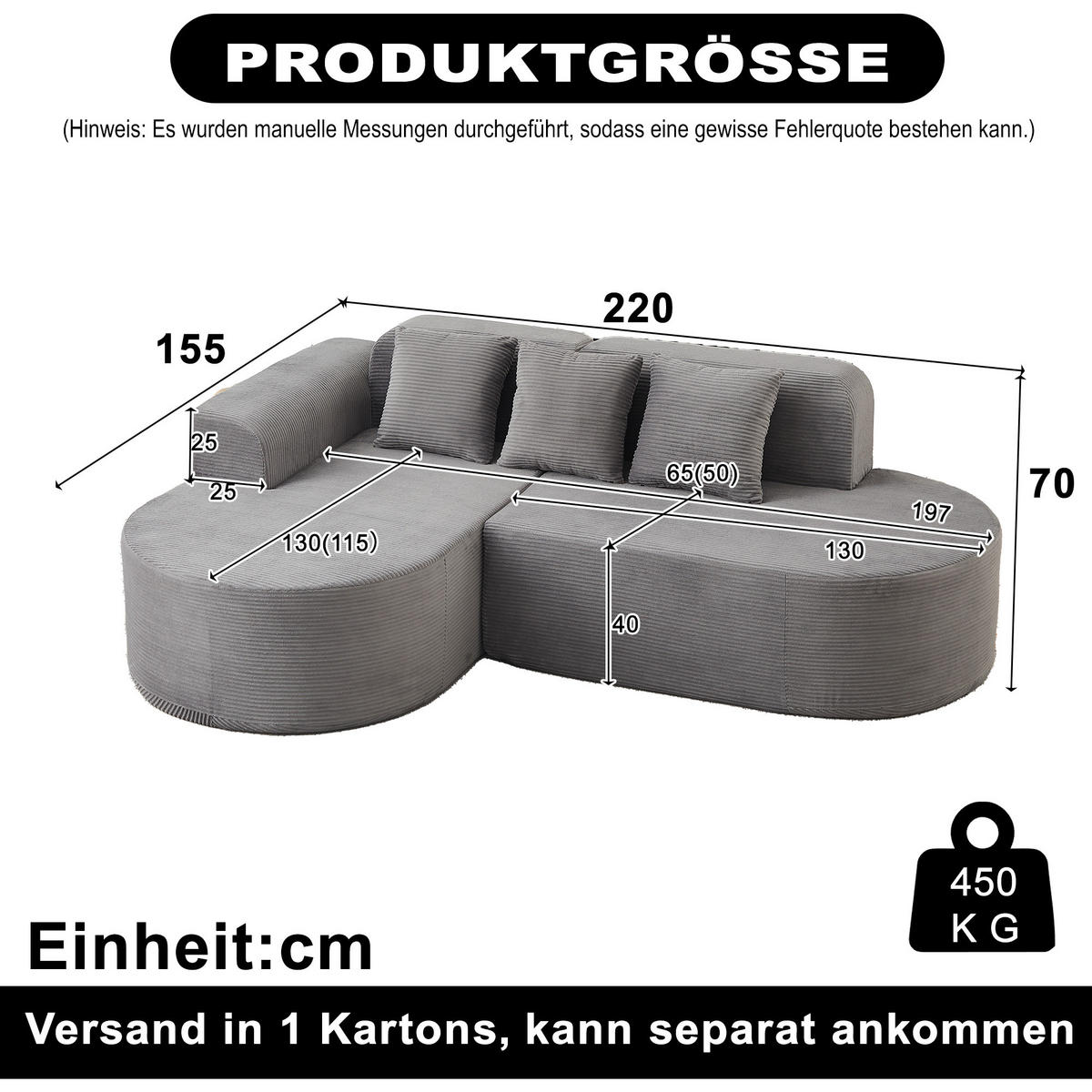 ECKSOFA 220/155/70 cm Grau Cord mit 3 Kissen, Linke Seite - Grau, Textil (220/155cm) - Oxeza