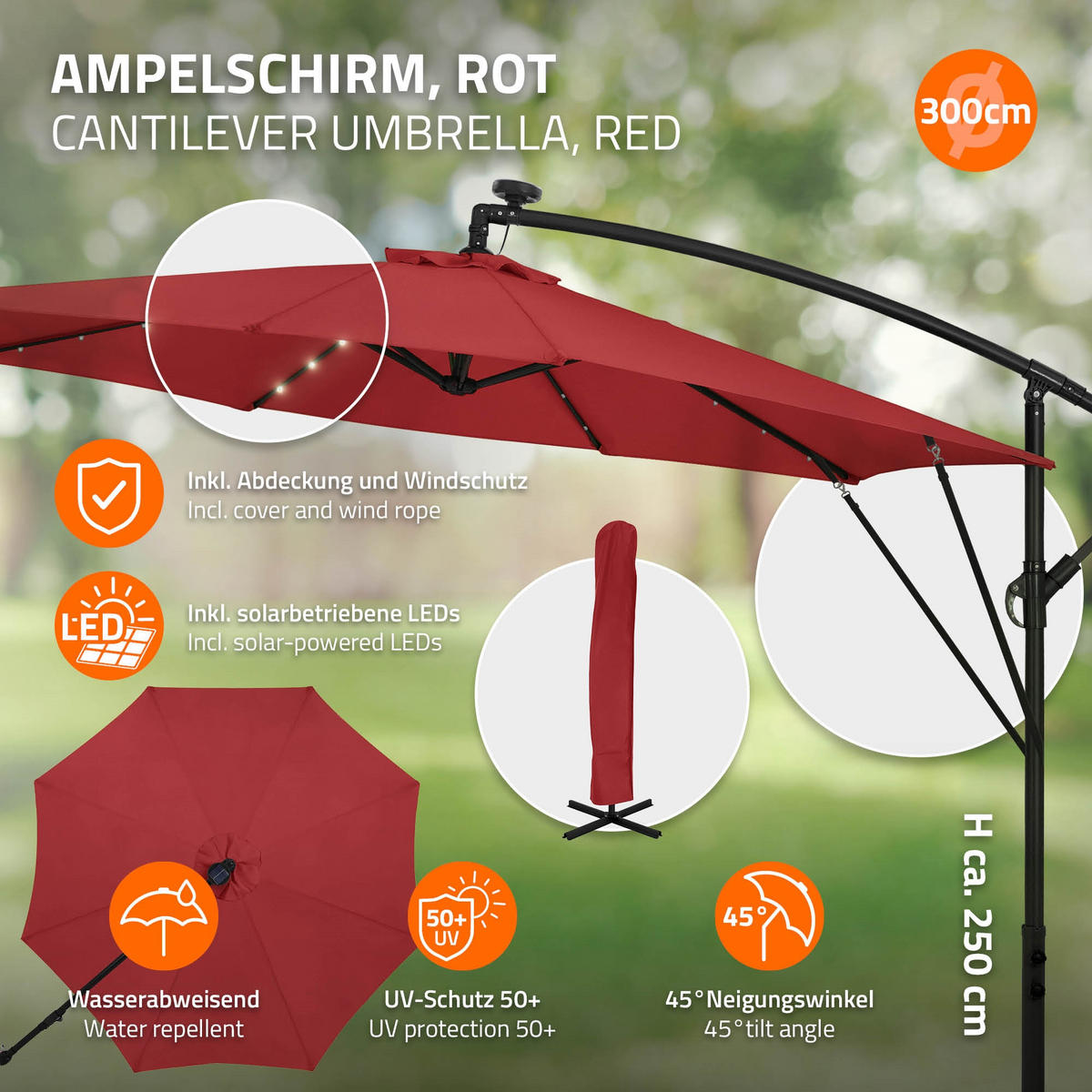 AMPELSCHIRM Ø 300 cm in Rot aus Aluminium mit LED-Solar - Rot, Metall (300/300cm) - ML-DESIGN