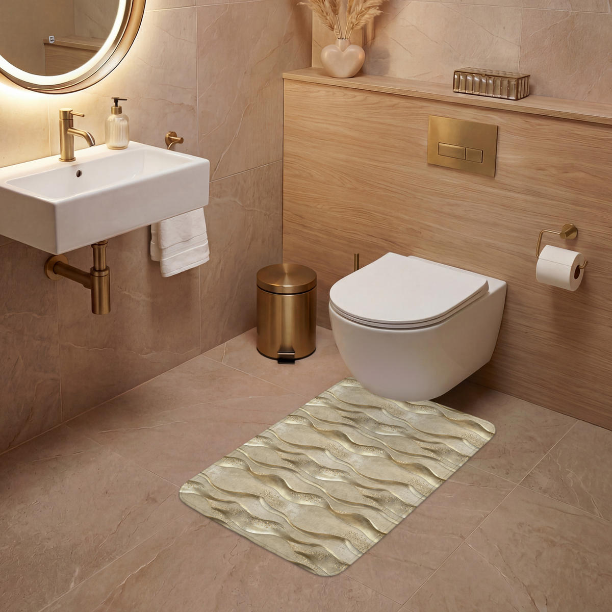 WC PŘEDLOŽKA Vlny - vzor - zlaté 50x80 cm - barva mosazi, textil/plast (50/1cm) - OnlyWow