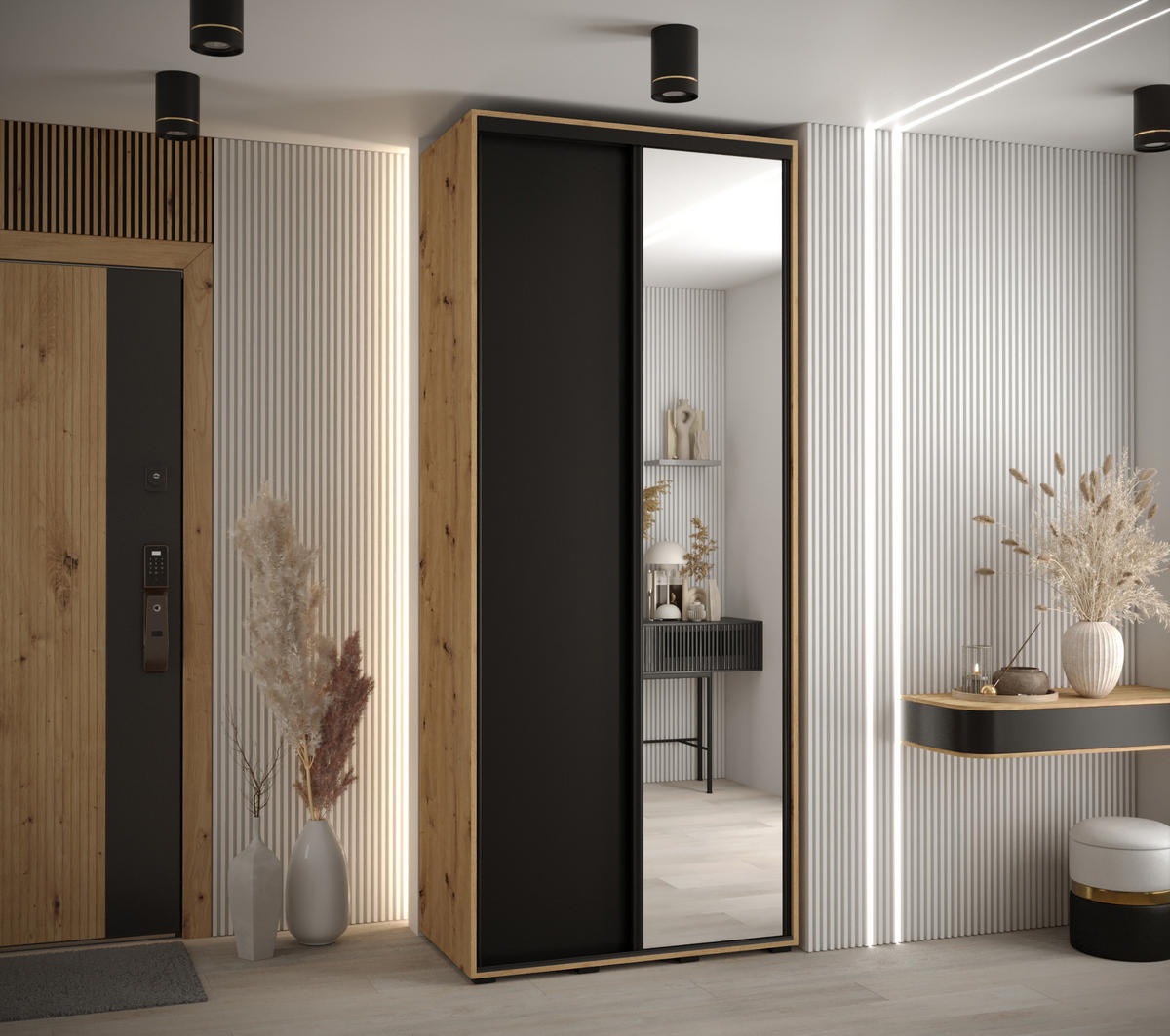 SCHWEBETÜRENSCHRANK 235,2/120/60 2-türig - Schwarz/Eiche Artisan, Holz/Metall (120/235/60cm) - Abiks Möbel