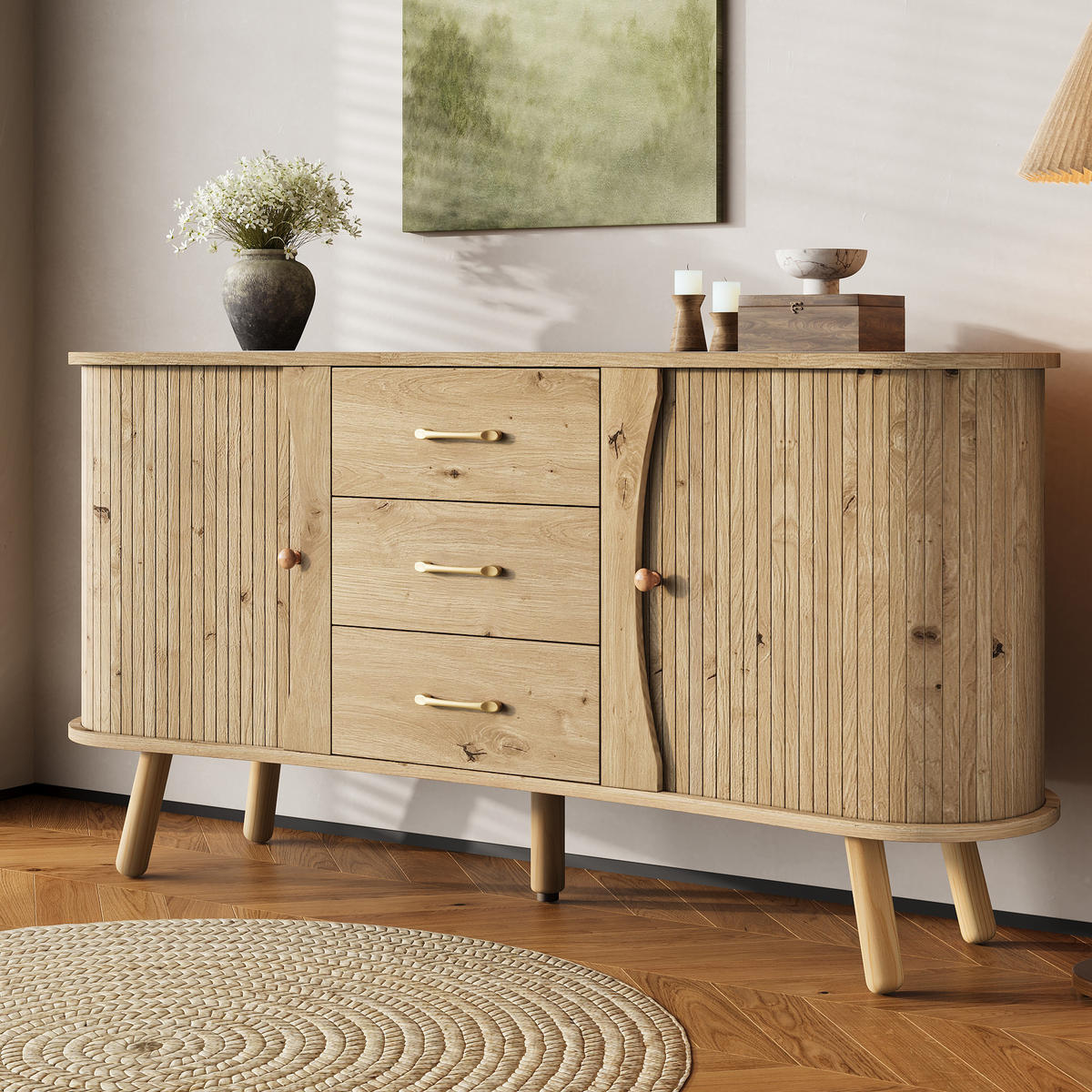 SIDEBOARD Erbsenform Rillenoptik - Naturfarben, Holzwerkstoff (150/75/36.5cm)