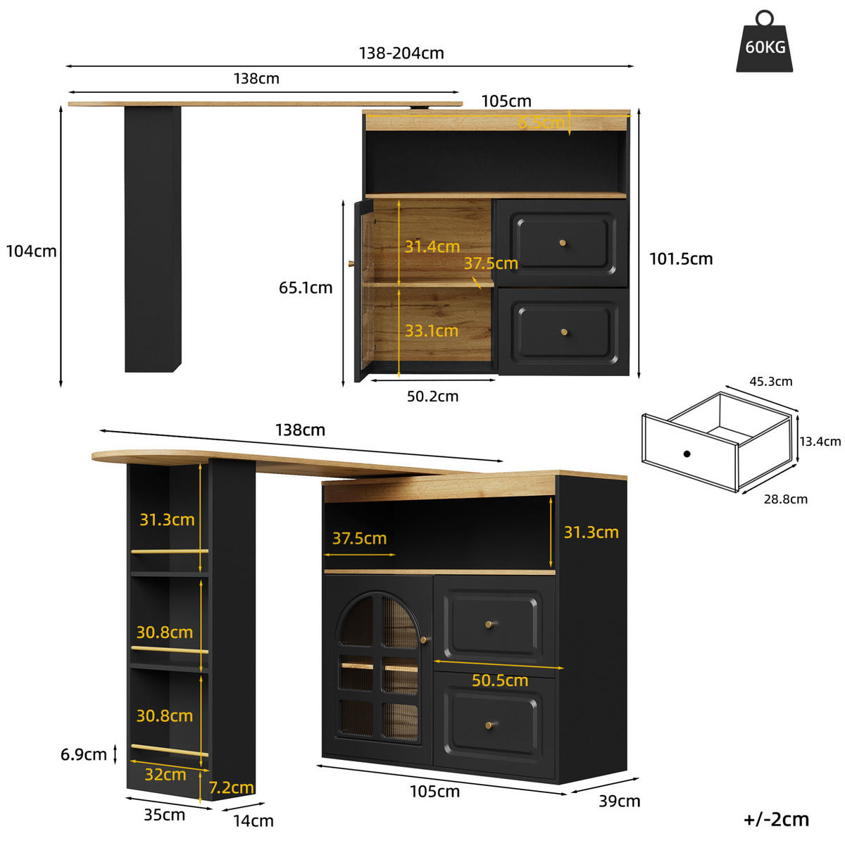 BARTISCH, MDF mit Drehfunktion & Auszug, 138-204/39/104 cm, Schwarz - Schwarz, Holzwerkstoff (39/104/138cm) - Redom