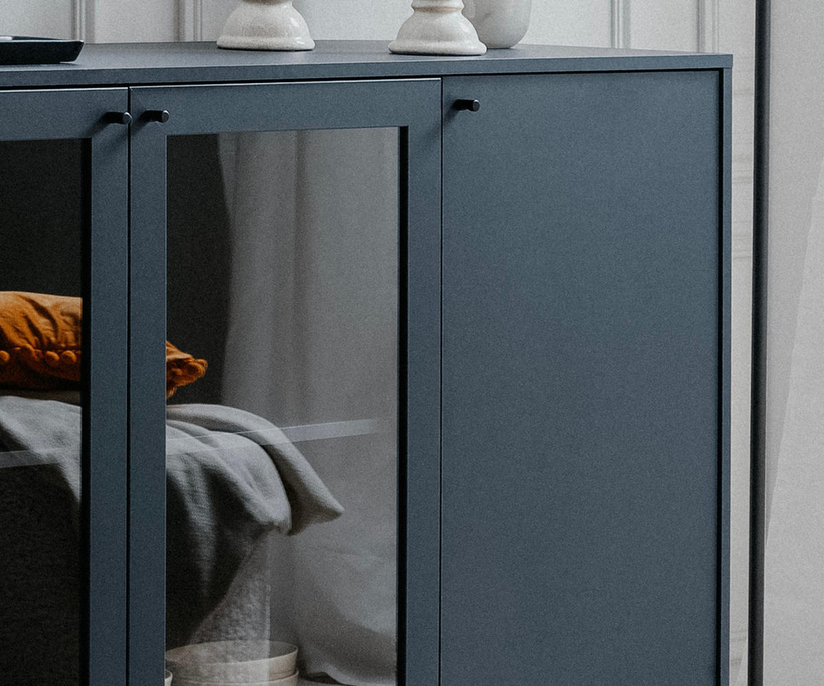 SIDEBOARD blau 180 cm, Kommode 4-türig mit viel Stauraum - Blau/Schwarz, Glas/Holzwerkstoff (180/90/40cm) - Furn.Design