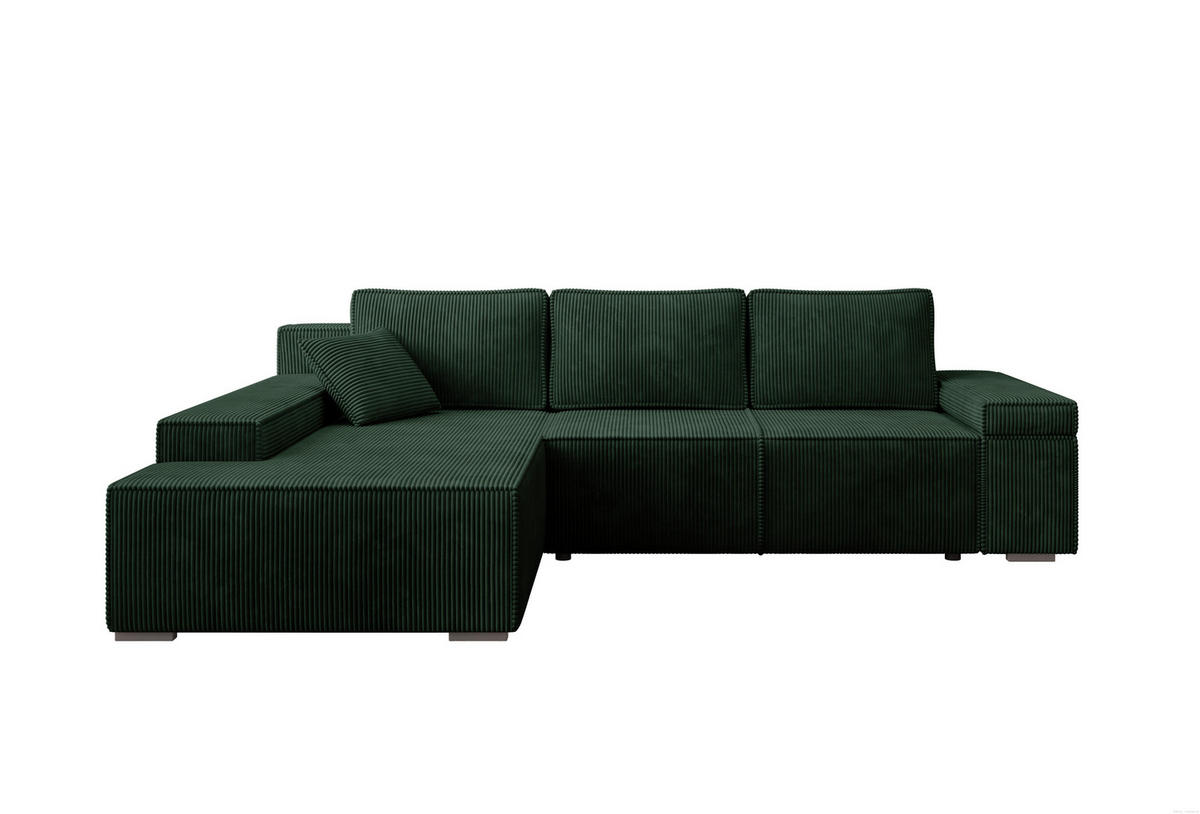 ECKSOFA Milo mit Schlaffunktion und Bettkasten, Couch L-Form, Cord-Stoff, 273x85x185 cm, Grün - Grün, Holz (185/273cm) - PROMETO Möbel