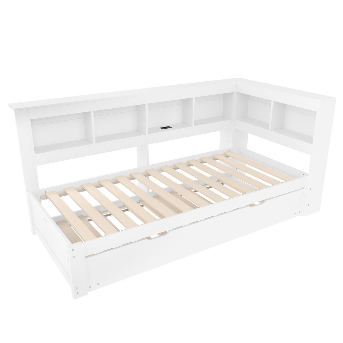 MULTIFUNKTIONSBETT 90/200 cm mit ausziehbarem Rollbett und 2 USB-Anschlüssen Weiß - Weiß, Holz - OKWISH