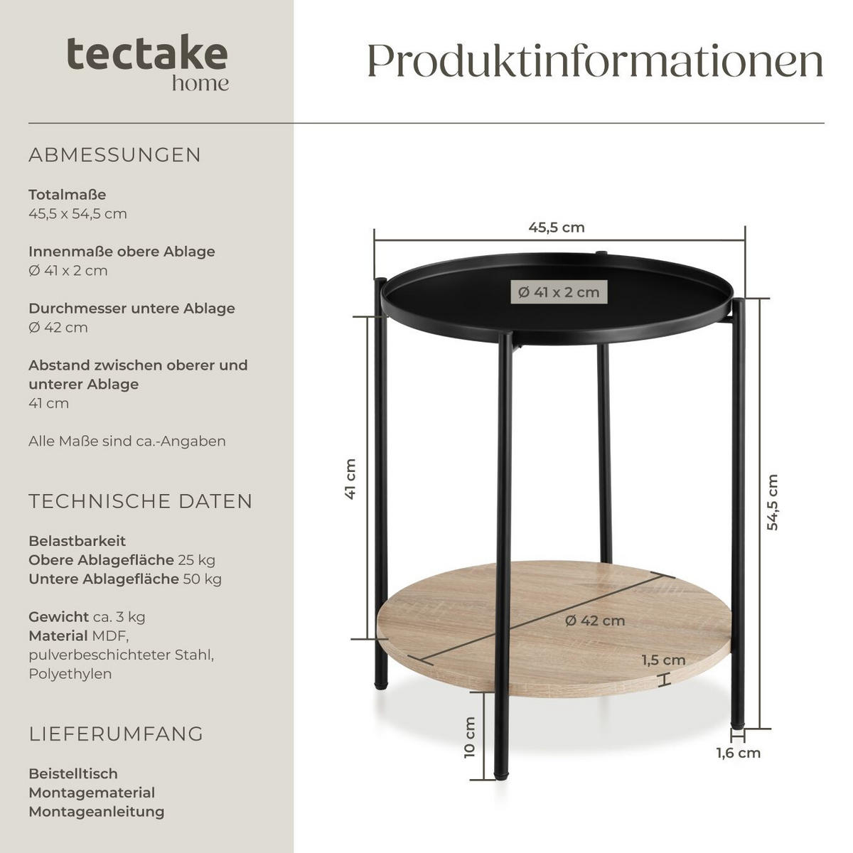 BEISTELLTISCH Sunderland,45,5 x 54,5 cm,Industrial Holz hell, Eiche Sonoma - Naturfarben, Holz (45.5/45.5/54.5cm) - tectake
