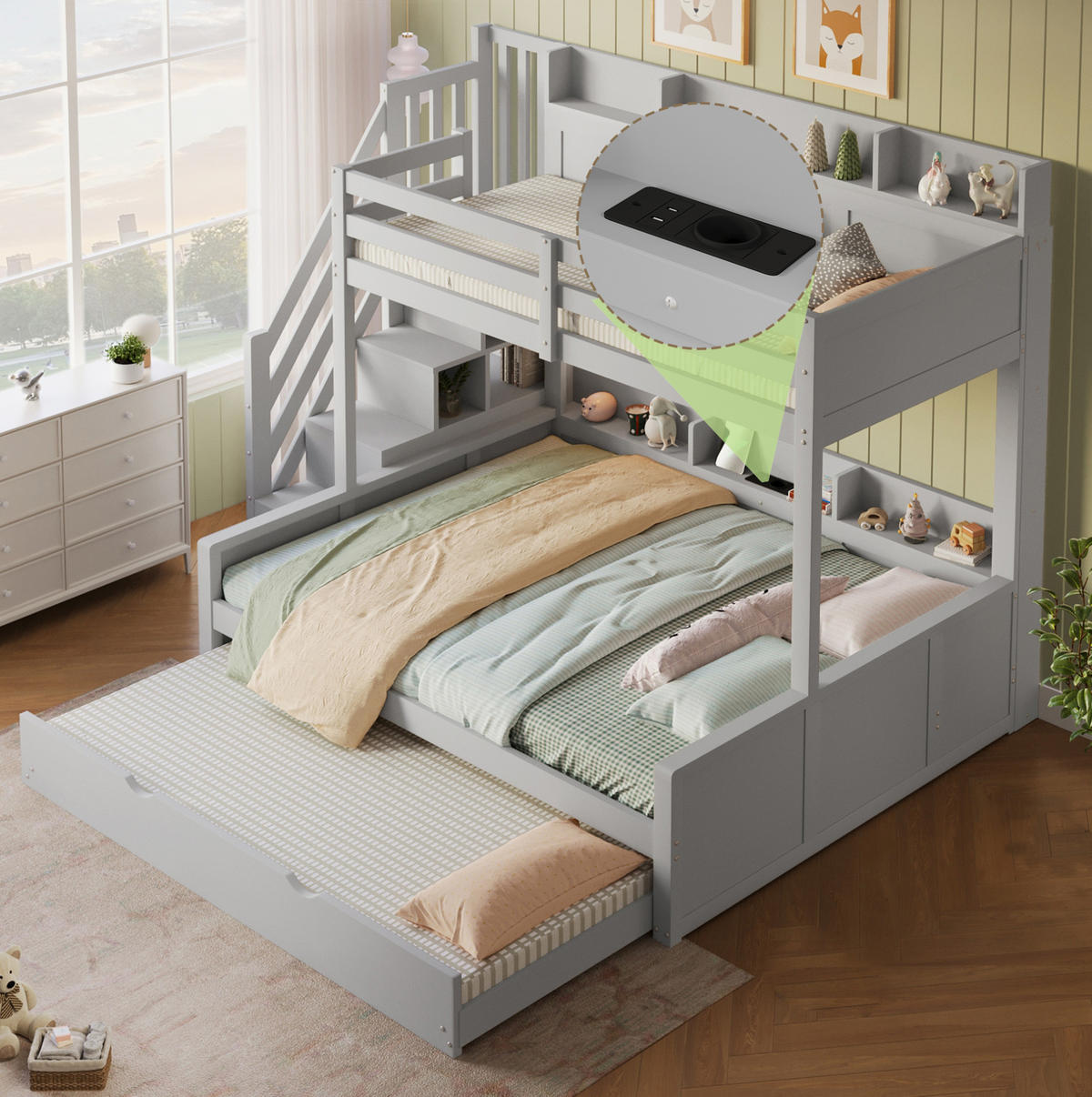 ETAGENBETT aus MDF und Kiefer 90x200/140x200 cm Grau mit Ausziehbett, Stauraumtreppe und USB-Anschluss - Grau, Holz (90/200cm) - Modfu