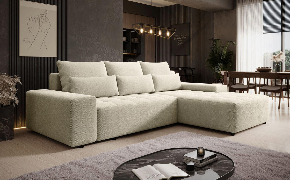 ECKSOFA Neluro Hellbeige Chenille wasserabweisend - Ecru/Schwarz, Kunststoff/Textil (268/184cm) - Selsey