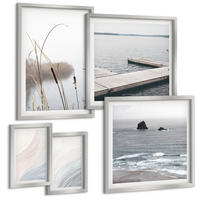 BILDER SET 5er Set - 50x50 cm & 20x30 cm & 40x60 cm Silberner Rahmen - Abstrakte Pastellwellen - Silberfarben, Kunststoff (40/60cm) - TULUP