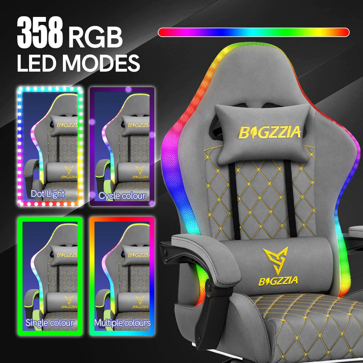 GAMINGSTUHL Grau,mit RGB LED, Ergonomisch, Verstellbar, PU-Leder - Grau, Metall (81/54/26cm) - Rattrix