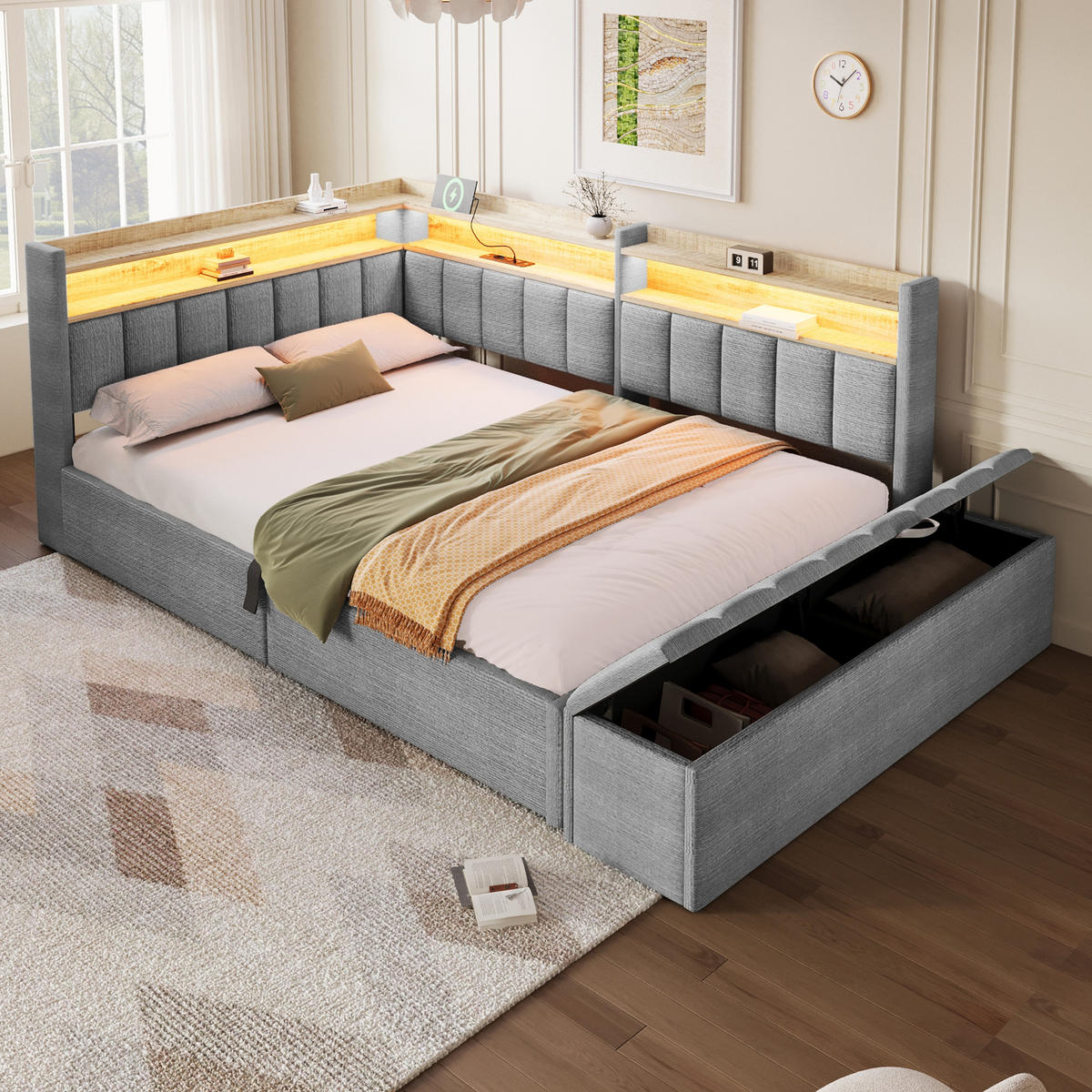 TAGESBETT 140 x 200 cm, Grau, Samt, LED, USB - Grau, Textil (140/200cm) - FLIEKS