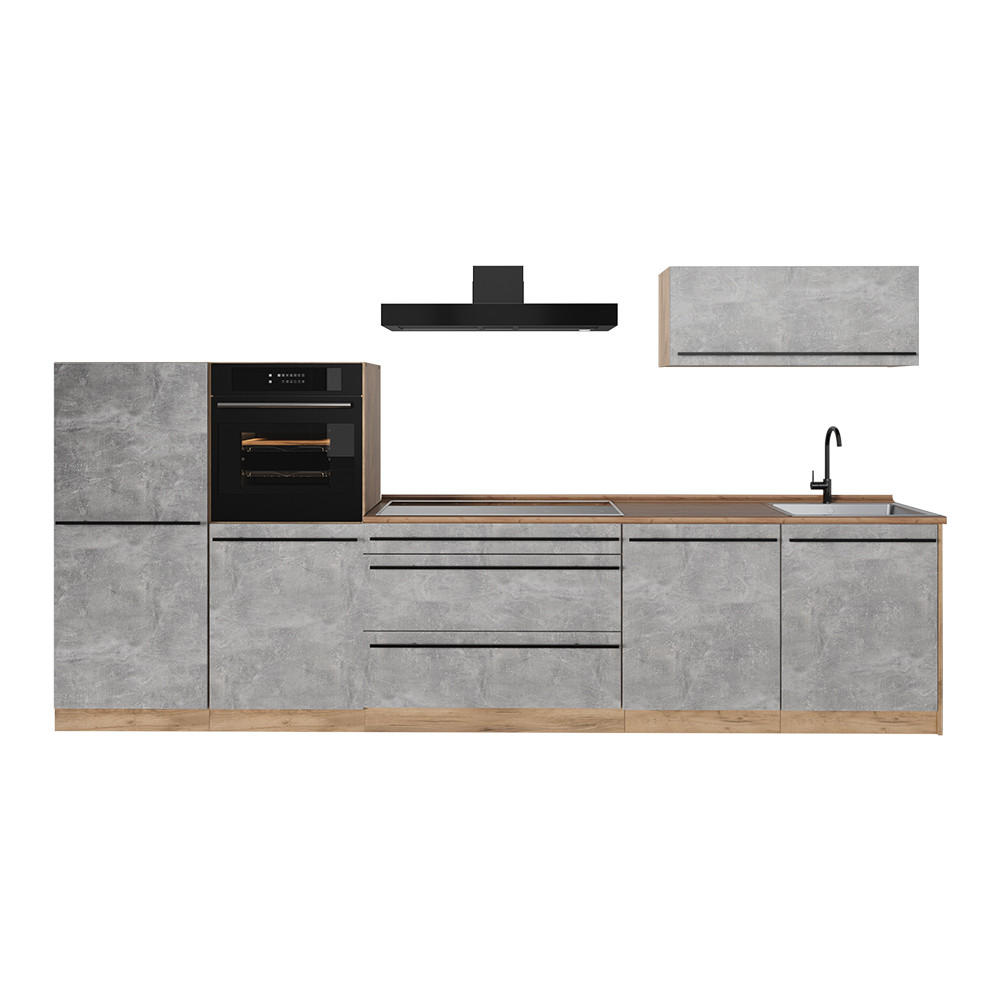 KUCHYŇSKÝ KOUT R-Line, Beton/Zlatý mocný dub, 340 cm pracovná doska Dub Goldkraft - šedá/medově dubová, kompozitní dřevo (340/143/60cm) - Vicco