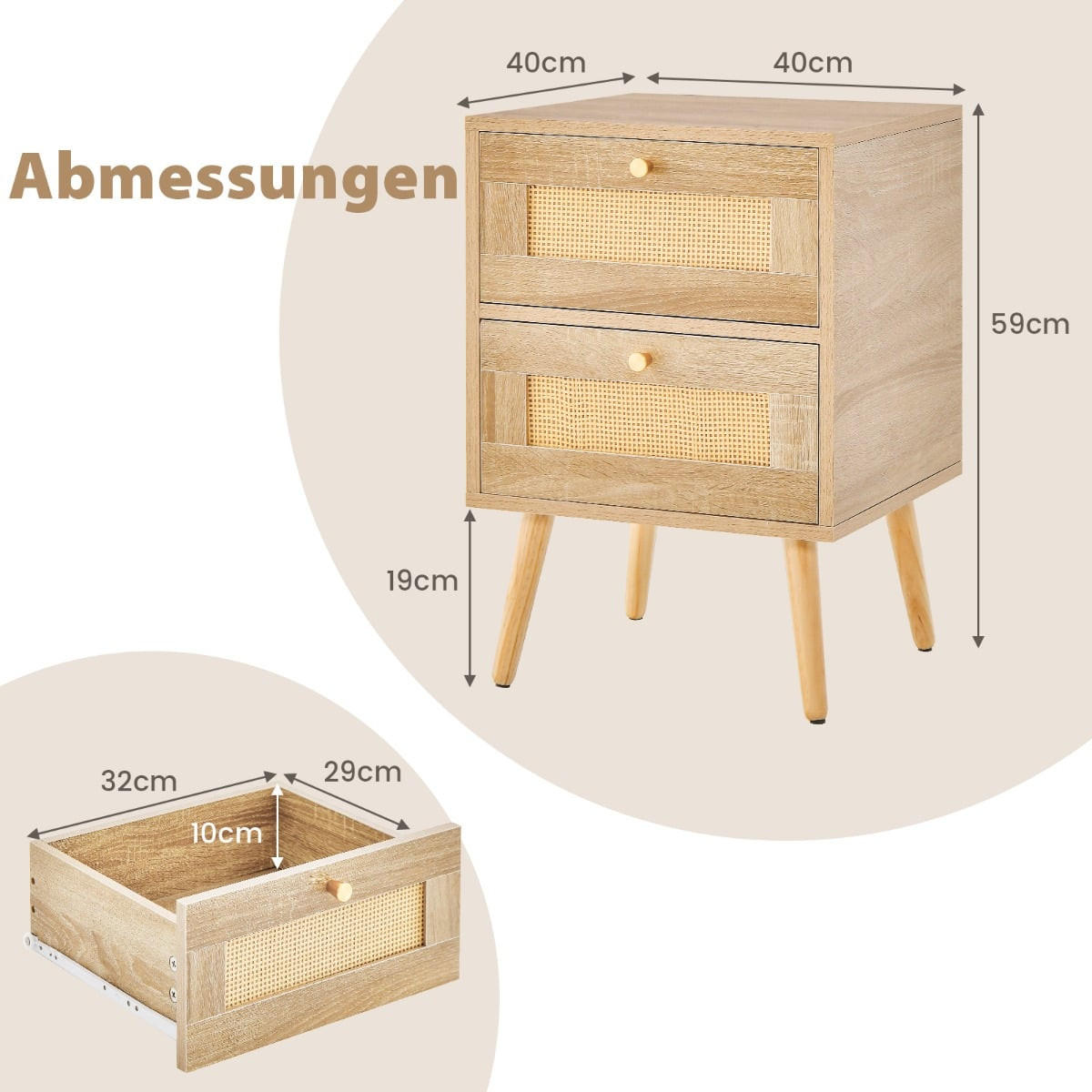 NACHTTISCHE im Boho-Stil, 2 Schubladen, Massivholzbeine - Goldfarben/Naturfarben, Holzwerkstoff/Metall (40/59/40cm) - DESIGN IN