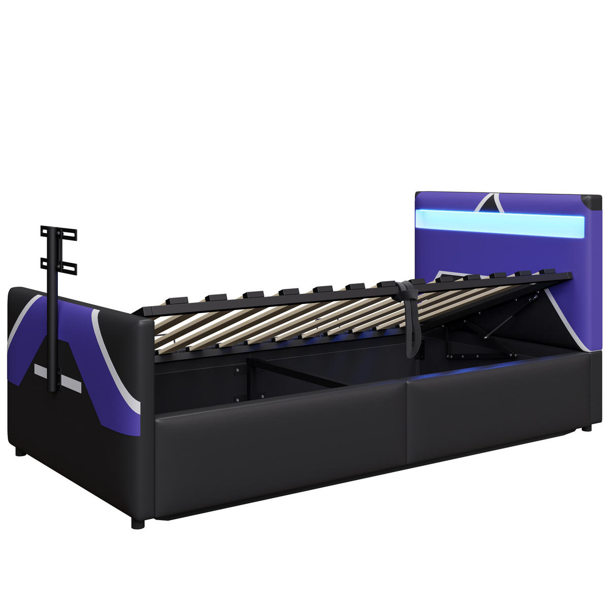 POLSTERBETT mit LED-Beleuchtung 90/200 cm mit Bettkasten und TV-Halterung - Schwarz, Kunststoff (90/200cm) - BEAOK