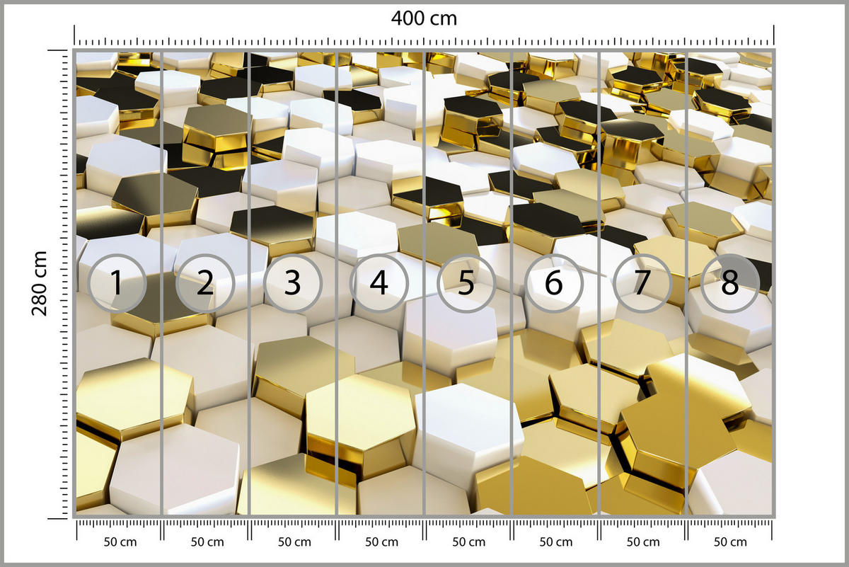 FOTOTAPETE für Büro Futuristisch Goldene Hexagone Formen Geometrie 400x280 - Gelb/Goldfarben, Papier (400/280cm) - Muralo