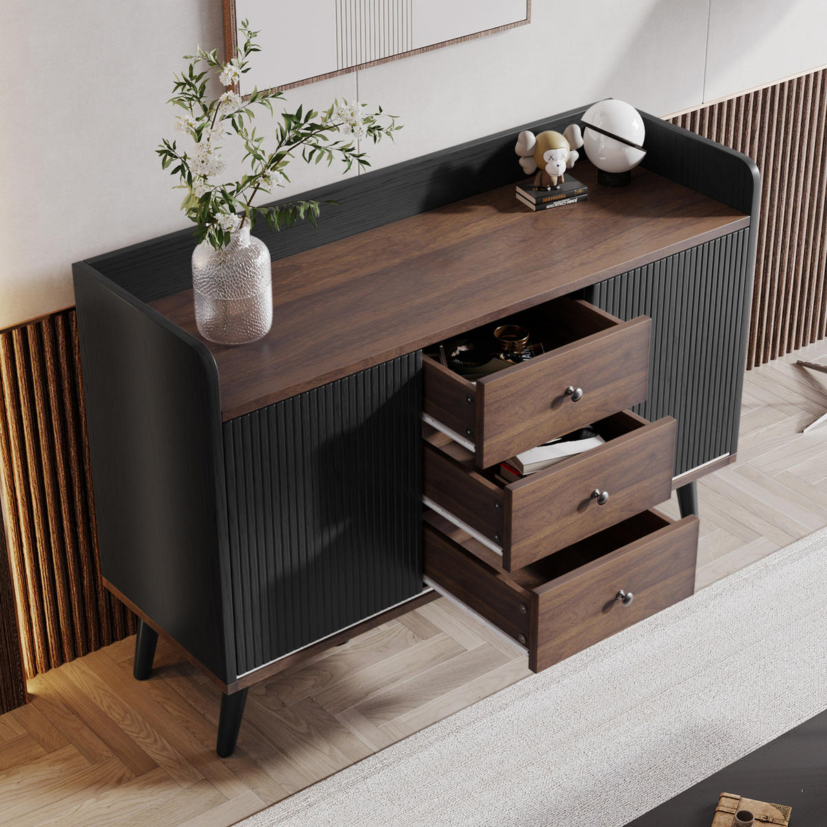 SIDEBOARD aus MDF/Spanplatte (E1) in Schwarz mit Schiebetüren und Schubladen, 117,5/40/80 cm, Schwarz - Schwarz, Holzwerkstoff (40/80/117.5cm) - Redom