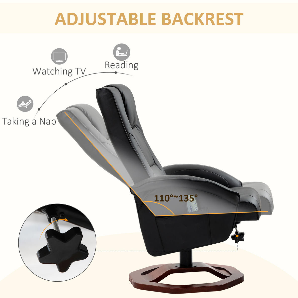 MASSAGESESSEL mit Hocker, Liegefunktion, Fernbedienung, bis 150 kg - Schwarz, Leder (83/106/73cm) - HOMCOM