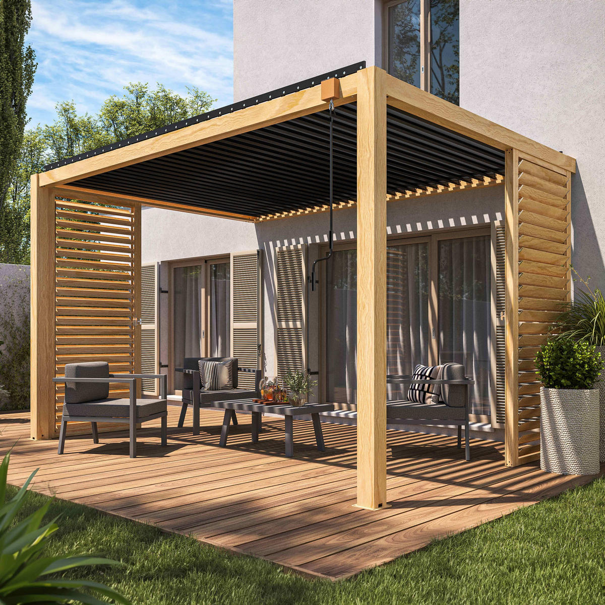 PERGOLA bioklimatisch mit 2 Trennwand, Holzfarbe und Grau - Eichefarben, Metall (304/258/404cm) - Oviala