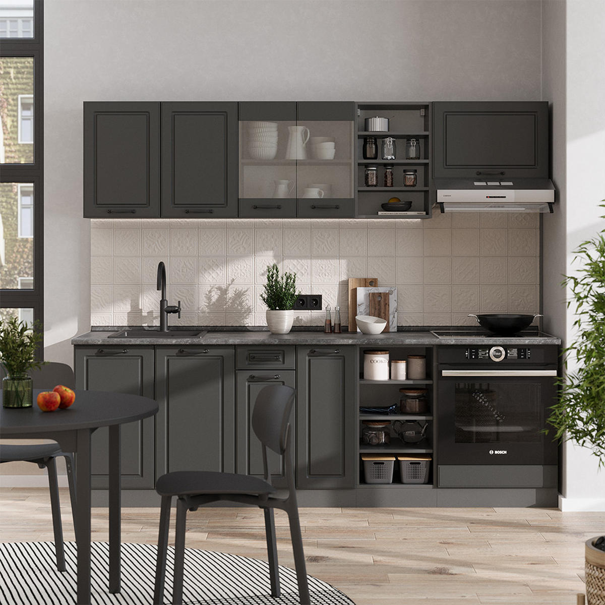 KÜCHENZEILE R-Line Anthrazit Landhaus/Anthrazit 240 cm , AP Marmor - Anthrazit, Holzwerkstoff (240/81.6/60cm) - Vicco