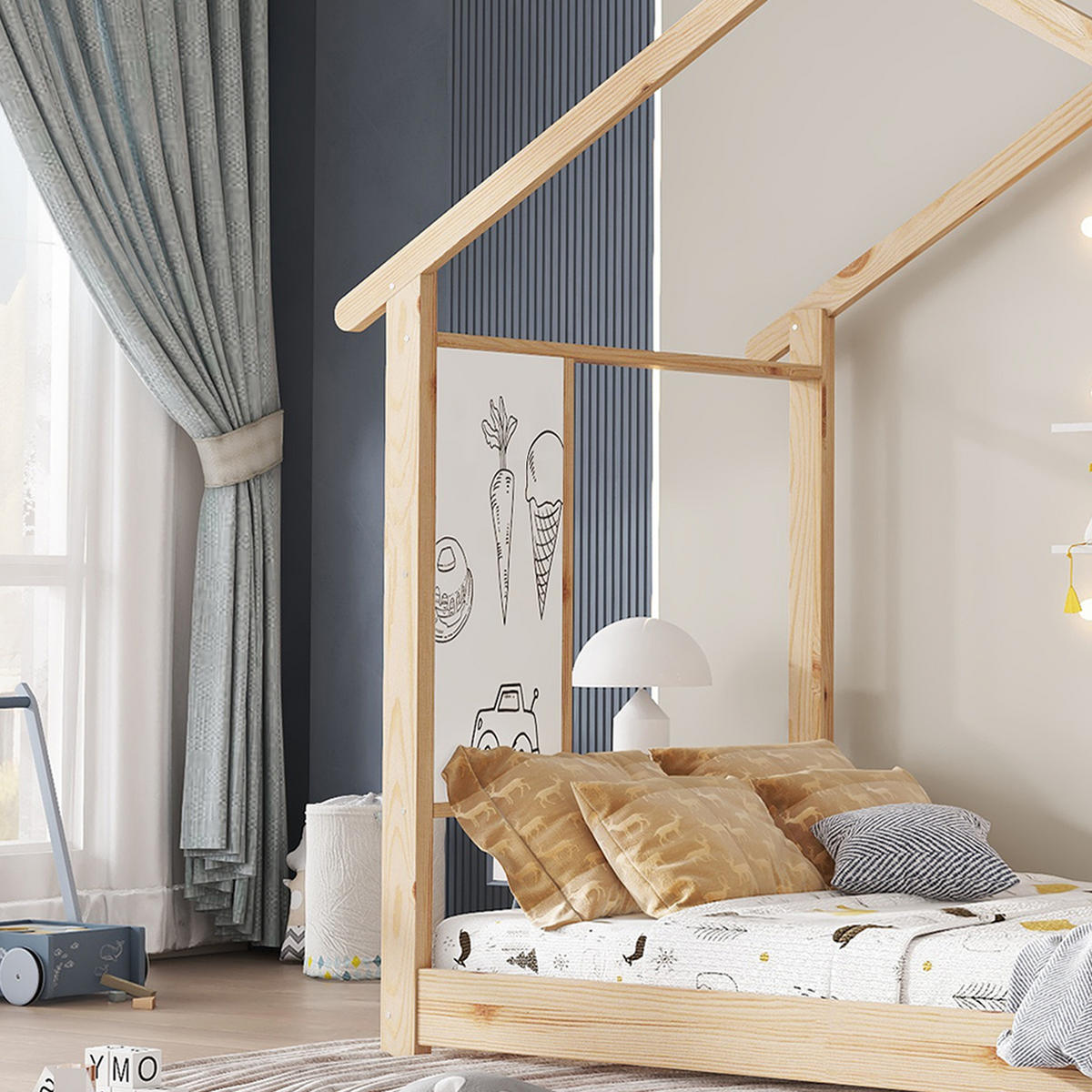 KINDERBETT 90/200 cm Natur mit Rutsche und beschreibbarer Weißwandtafel aus Kiefer und MDF - Naturfarben, Holz (90/200cm) - OKWISH