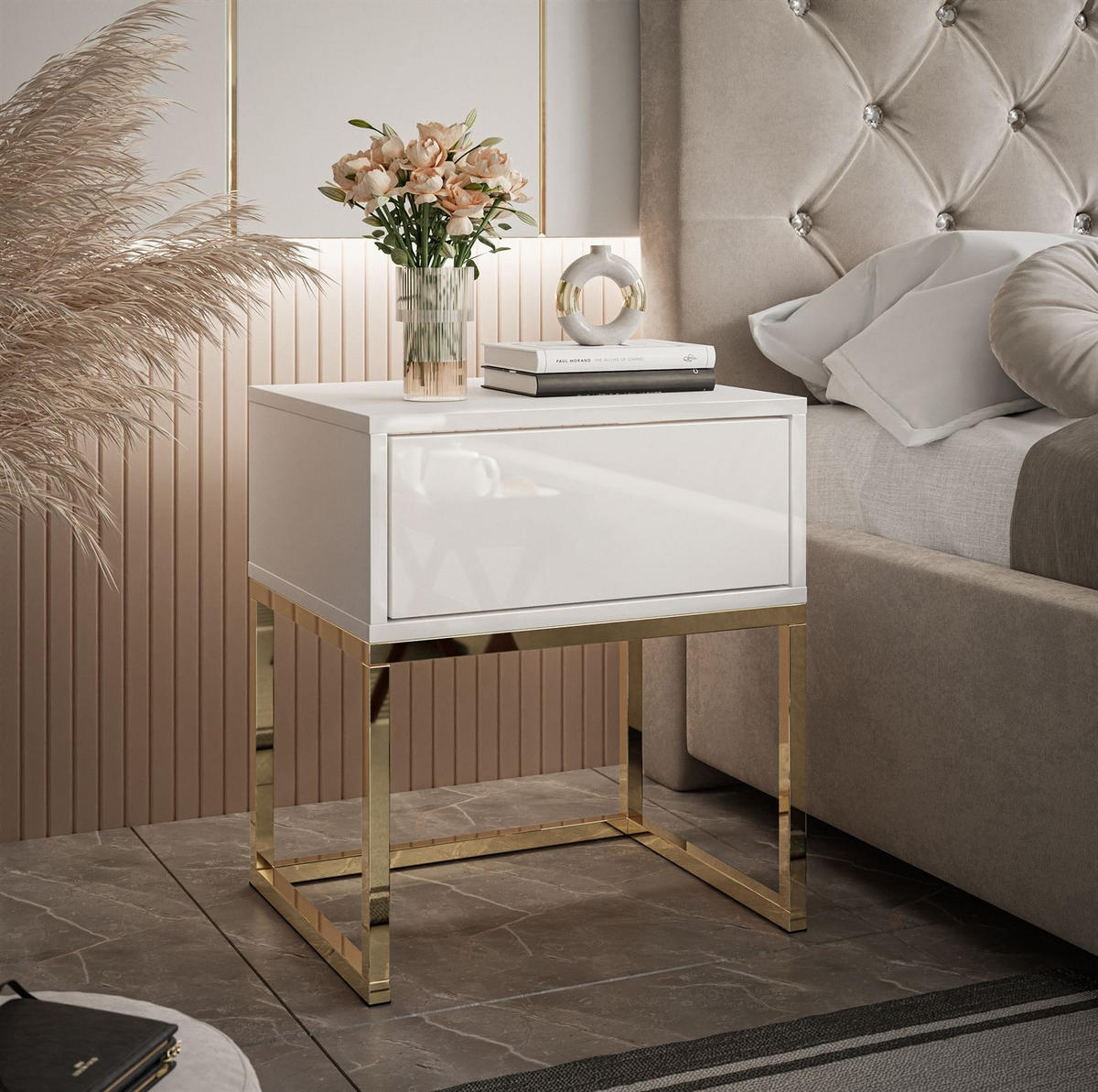 NACHTTISCH BLANCO GOLD Weiß auf goldenem verchromtem Gestell PUSH OPEN - Weiß Hochglanz, Holzwerkstoff (45/52/36.6cm) - Lookway