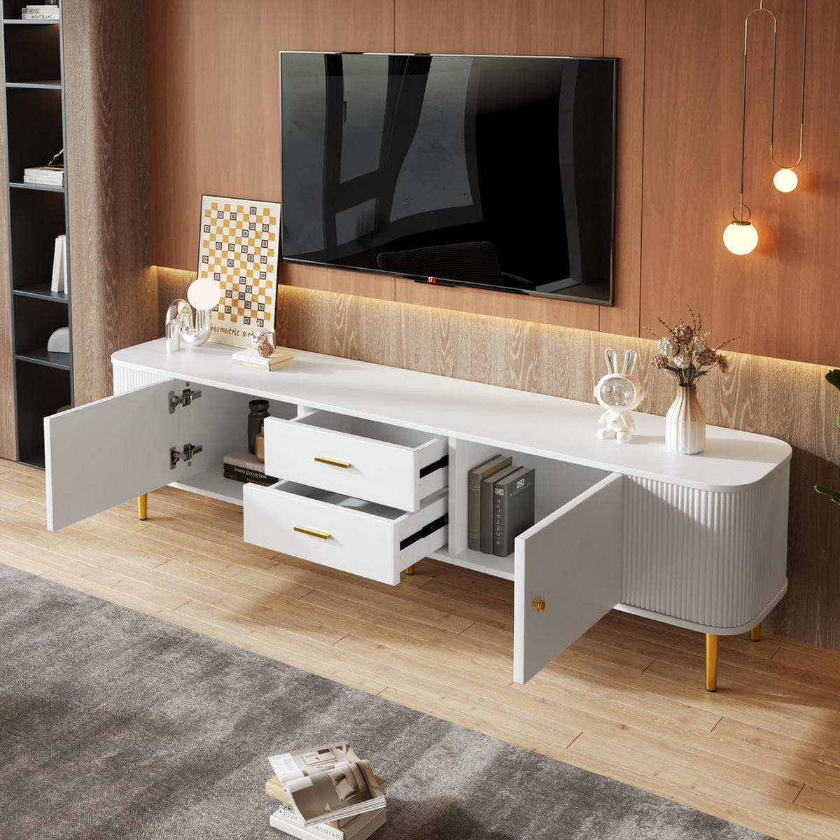 TV-SCHRANK Weiß goldene Griffe & Beine geschwungene Ecken Schubladen - Weiß, Holz (40.64/34.29/57.15cm) - FLIEKS