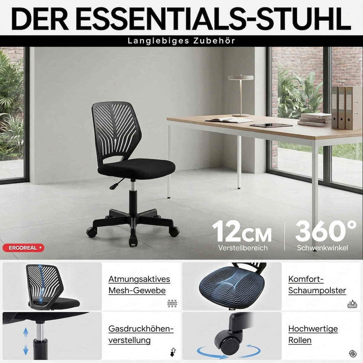 DREHSTUHL Tiefschwarz mit Rollen und Höhenverstellung - Schwarz, Kunststoff (47/87/44cm) - Oxeza