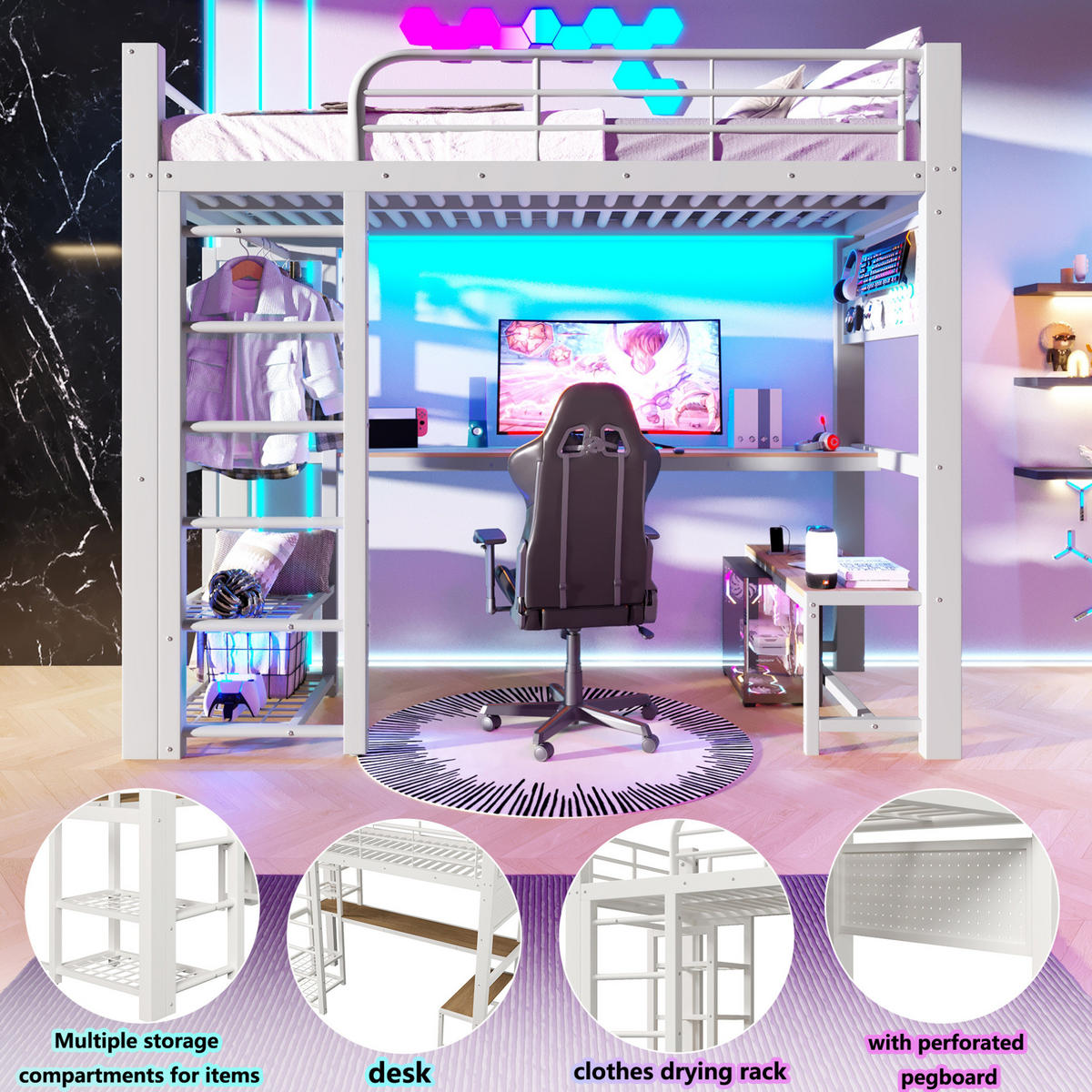 HOCHBETT 90/200 cm aus Metall mit LED-Lichtleiste, Weiß - Weiß, Metall (90/200cm) - OKMYHOME