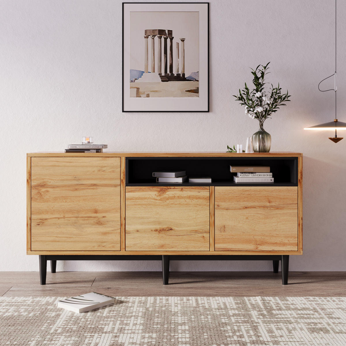 SIDEBOARD 160/35/76 cm mit 3 Türen in Schwarz/Holzfarben - Naturfarben, Holzwerkstoff (160/76/35cm) - BEAOK
