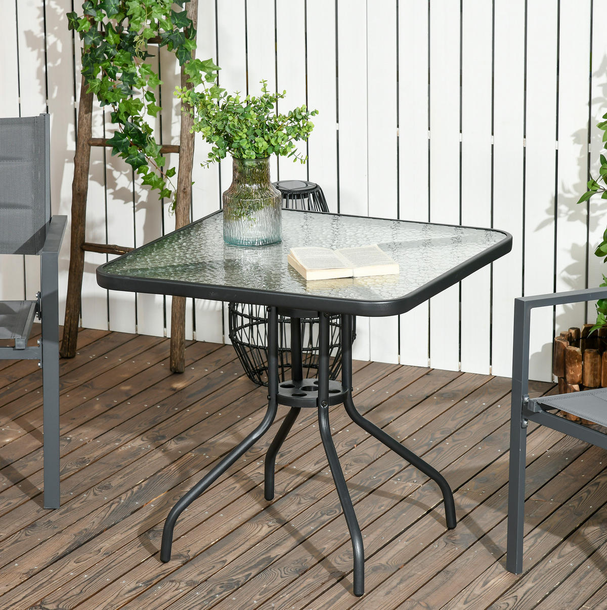 GARTENTISCH 76/76/72 cm schwarz aus Metall mit Glasplatte und Schirmloch - Naturfarben, Metall (76/76/72cm) - OKWISH